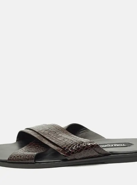 Tom Ford Informal Preston Size 44 Brown Croc Embossed Leather Flat Sandals