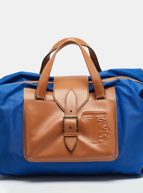 Tod's Blue/Brown Nylon and Leather Medium Duffle Bag