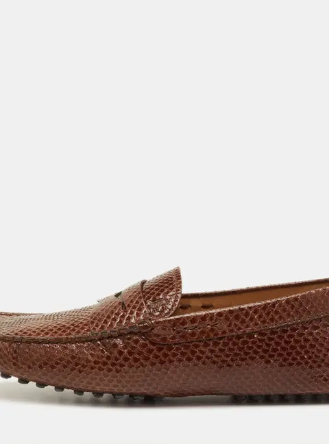 Tod's City Gommino Size 40 Brown Snakeskin Leather Slip On Loafers