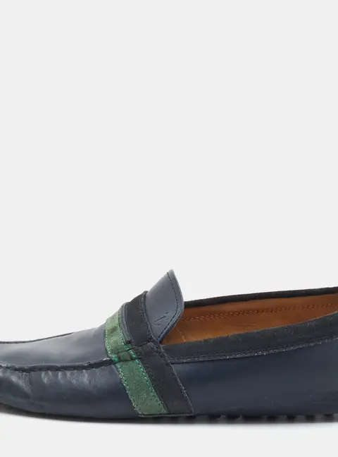 Tod's Size 40 Navy Blue/Green Leather and Suede Slip On Loafers