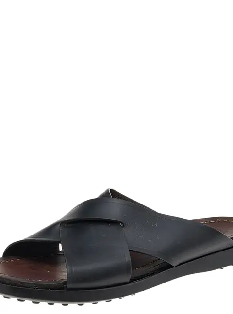 Tod's Black Leather Criss Cross Flat Slides Size 43