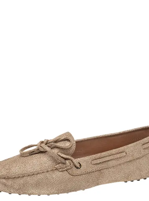 Tod's Metallic Gold Canvas Bow Loafers Size 42