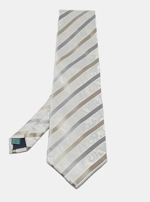 Valentino Vintage Grey Striped Paisley Pattern Jacquard Silk Tie