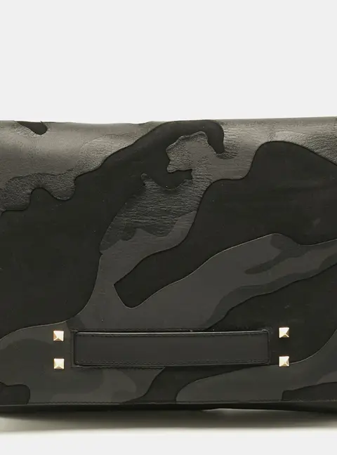 Valentino Rockstud Black/Grey Camouflage Canvas and Leather Clutch