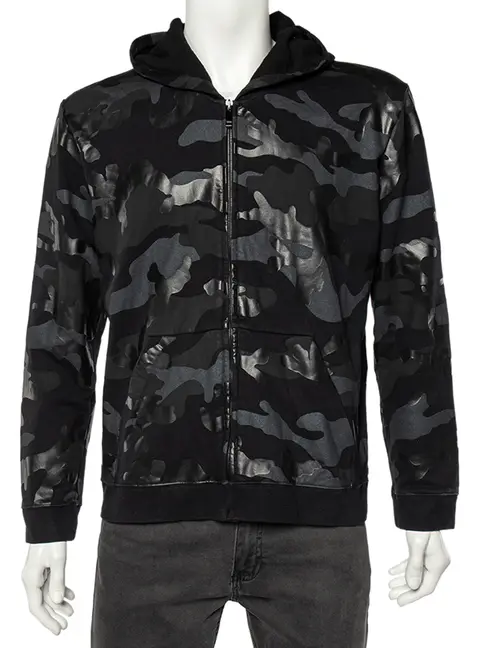 Valentino Black Camouflage Print Cotton Zip Up Hooded Sweatshirt L