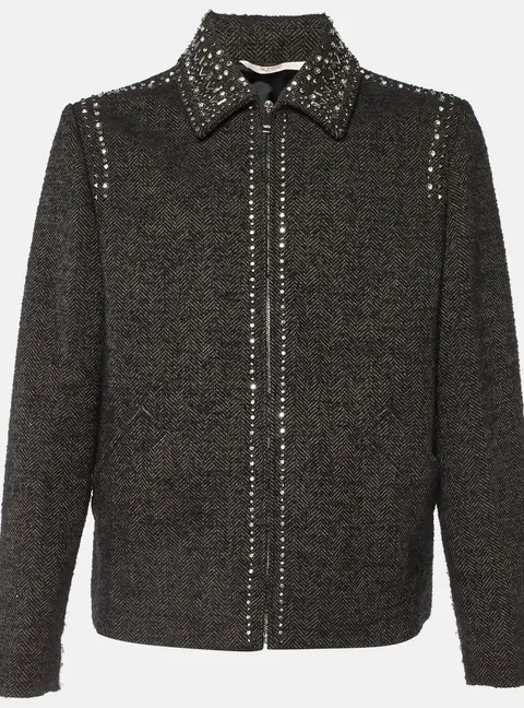 Valentino Brown Studded Wool Tweed Zip-Up Jacket L