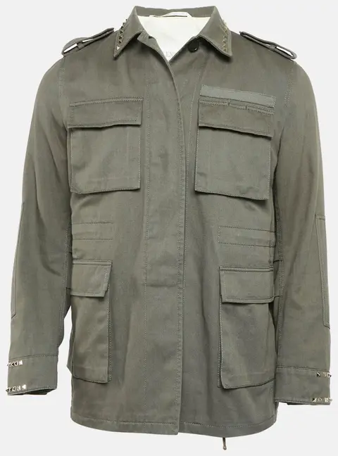 Valentino Khaki Green Studded Gabardine Cotton Utility Jacket XXL