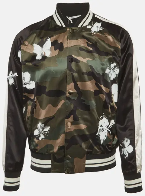 Valentino Multicolour Camouflage Print Satin and Knit Mariposa Bomber Jacket S