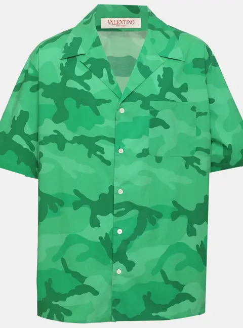 Valentino Green Camouflage Print Poplin Camp Shirt L