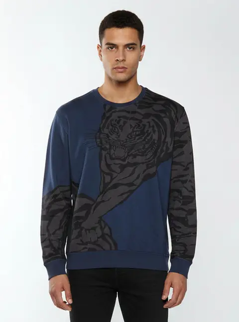 Valentino Navy Blue Tiger Print Cotton Crewneck Sweatshirt XL