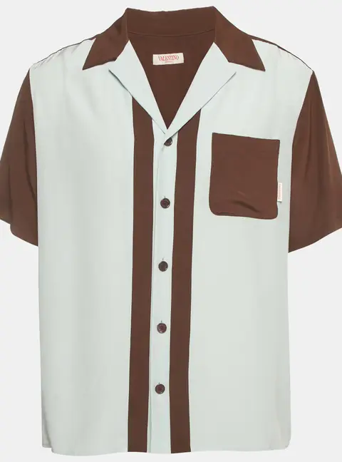 Valentino Brown/ Blue Satin Short Sleeve Bowling Shirt XS