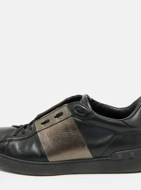 Valentino Black/Metallic Leather Rockstud Lace Low Top Sneakers Size 41