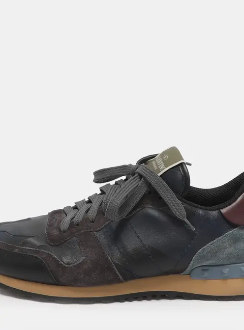 Valentino Rockrunner Size 41 Blue Camouflage Canvas and Suede Low Top Sneakers