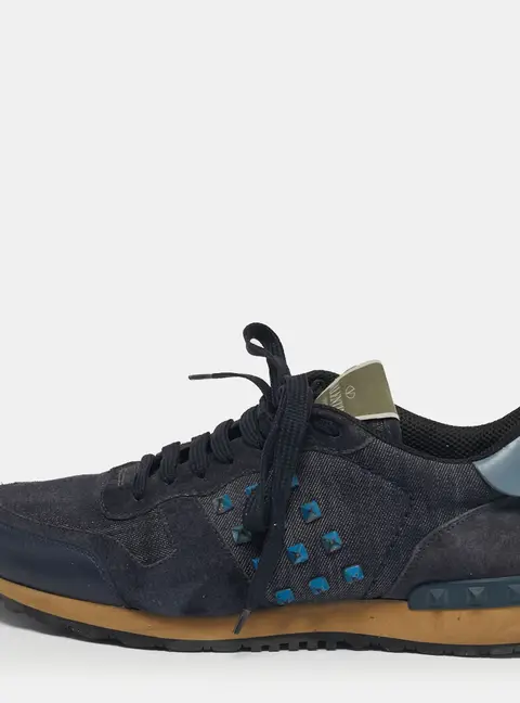 Valentino Rockrunner Size 42 Navy Blue Leather and Suede Lace Up Sneakers