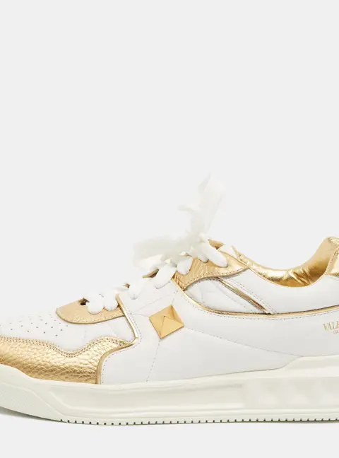 Valentino One Stud Size 42.5 White/Gold Leather Lace Up Sneakers