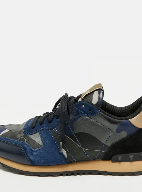 Valentino Rockrunner Size 43 Navy Blue Camouflage Canvas and Leather Lace Up Sneakers