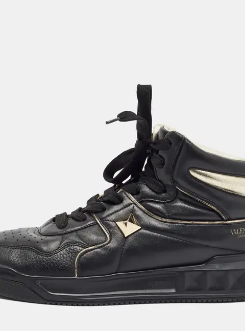 Valentino One Stud Size 42.5 Black/Gold Leather High Top Sneakers
