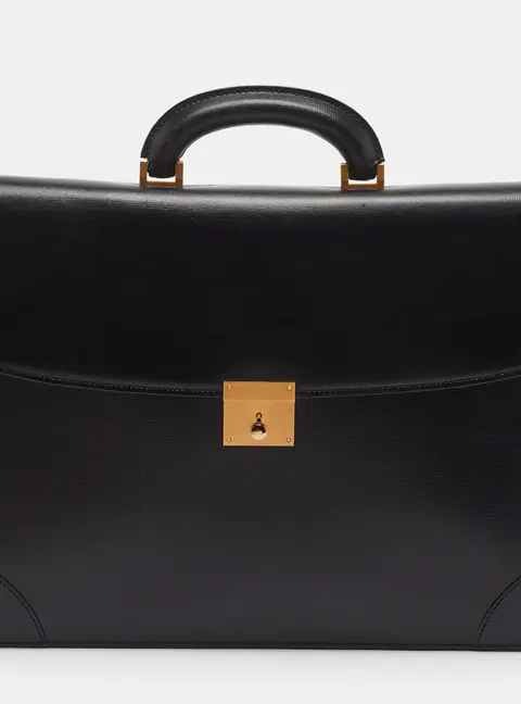 Valextra Three Gusset Black Leather Briefcase