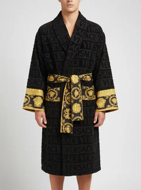 Versace Black Monogram Terry Cotton Belted Long Sleeve Bathrobe XXL