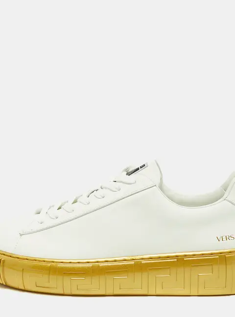 Versace Greca Size 46 White/Gold Leather Low Top Sneakers