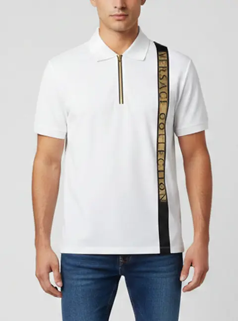 Versace Collection White Jersey Half-Zip Logo Stripe Polo Shirt L