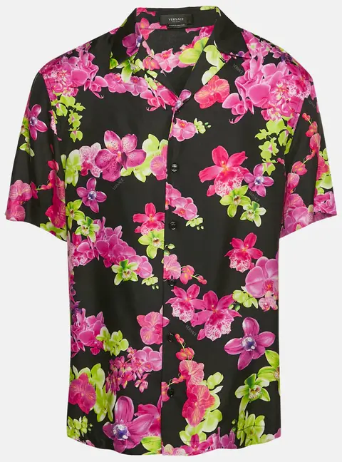 Versace Black/Pink Floral Print Silk American Fit Shirt L