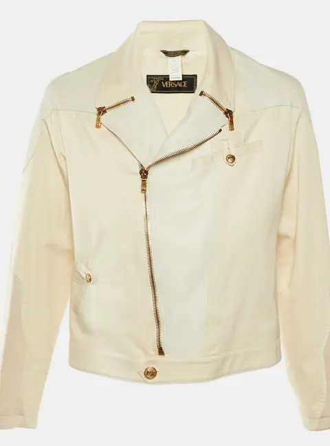 Versace Vintage Cream Leather & Cotton Zip Up Jacket XL