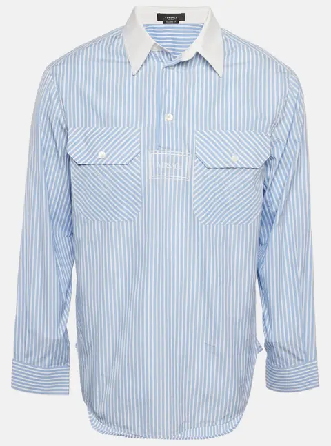 Versace Blue & White Striped Cotton College Fit Shirt S