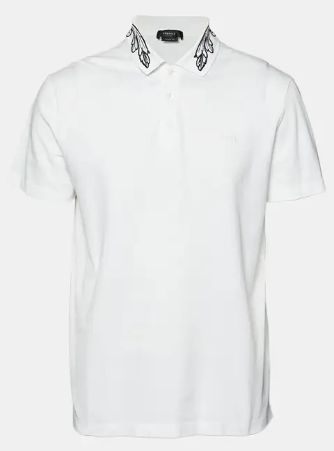 Versace White Floral Embroidered Collar Pique Polo T-Shirt XXL