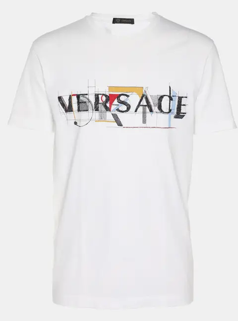 Versace White Logo Embroidered Jersey T-Shirt L