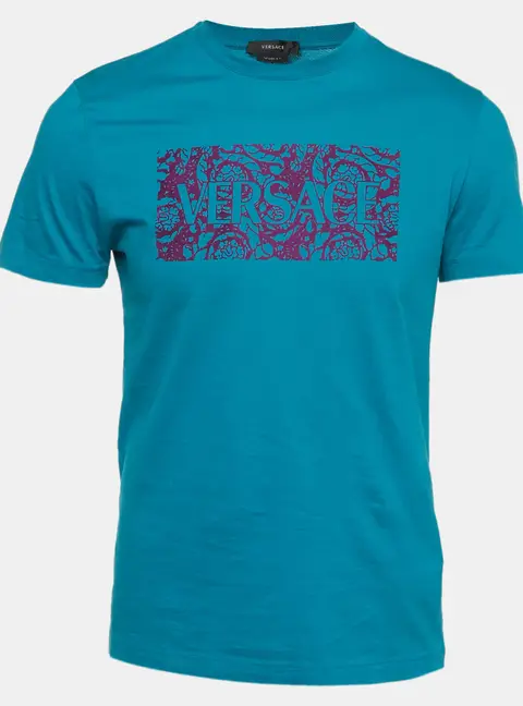 Versace Blue Flock Logo Cotton Jersey Taylor Fit T-Shirt S