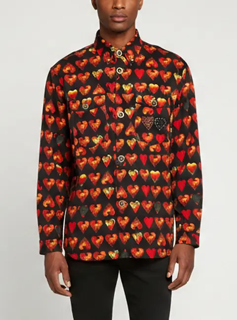 VERSACE Black All Over Heart Print Denim Button Down Shirt XS