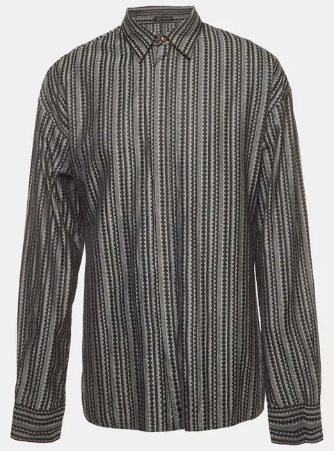 Versace Grey/Black Greca Motif Cotton Button Up Shirt XS