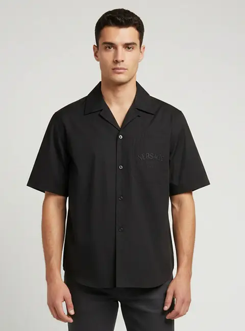 Versace Black Barocco Print Cotton and Silk Short Sleeve Shirt M