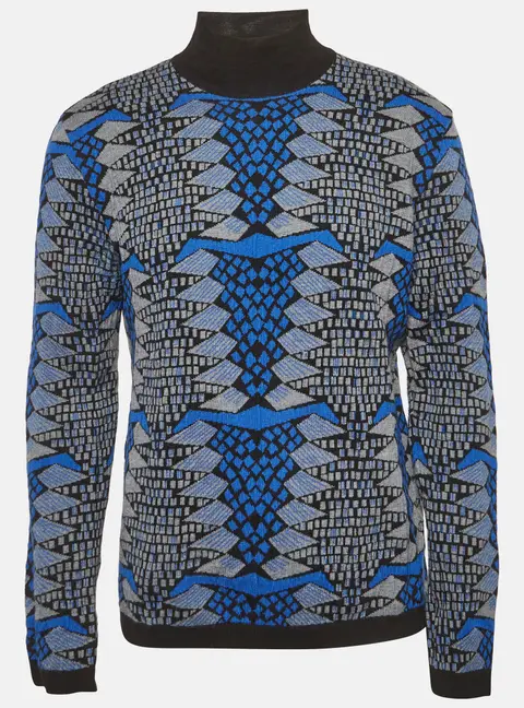 Versace Blue Intarsia Wool Knit Turtle Neck Sweater XL
