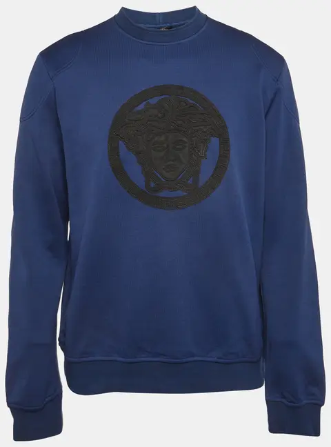 Versace Blue Medusa Leather Trim Knit Crewneck Sweatshirt XL
