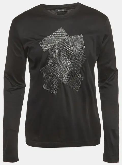 Versace Black Leather Applique Jersey T-Shirt M
