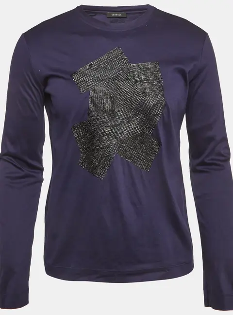 Versace Nacvy Blue Leather Applique Jersey T-Shirt M