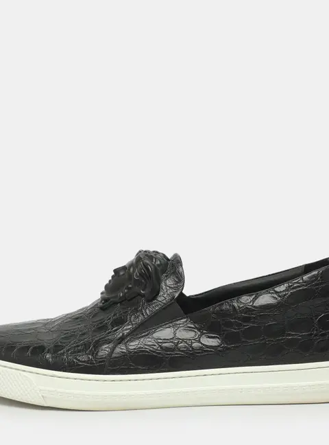 Versace Palazzo Size 46 Black Croc Embossed Leather Slip On Sneakers