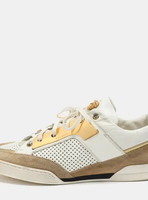 Versace White/Beige Leather and Suede Medusa Low Top Sneakers 43