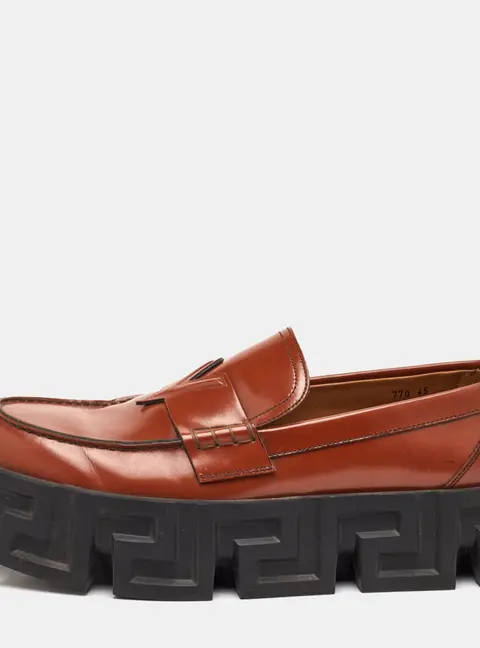 Versace Greca Size 45 Brown Leather Platform Slip On Loafers