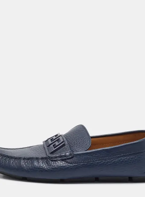 Versace La Greca Size 44 Navy Blue Leather Slip On Loafers