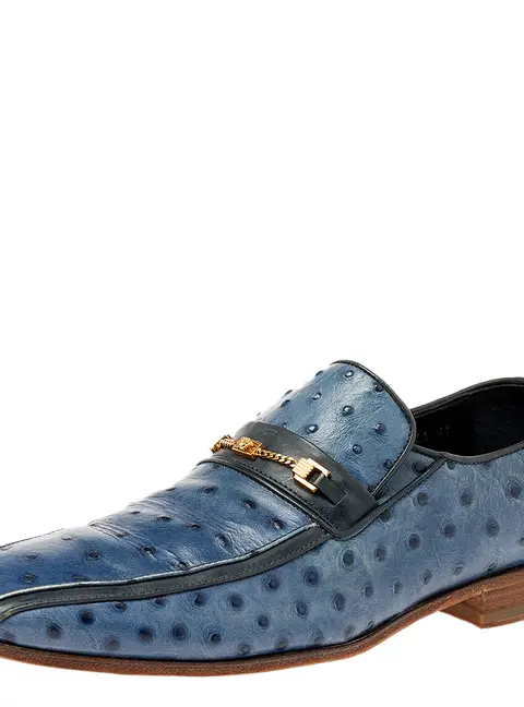 Versace Blue Ostrich Leather Medusa Chain Detail Loafers Size 41
