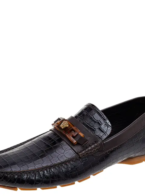 Versace Black/Brown Crocodile Leather Medusa Slip On Loafers Size 45