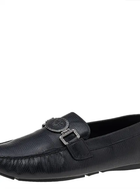 Versace Black Lizard Leather Medusa Slip On Loafers Size 41