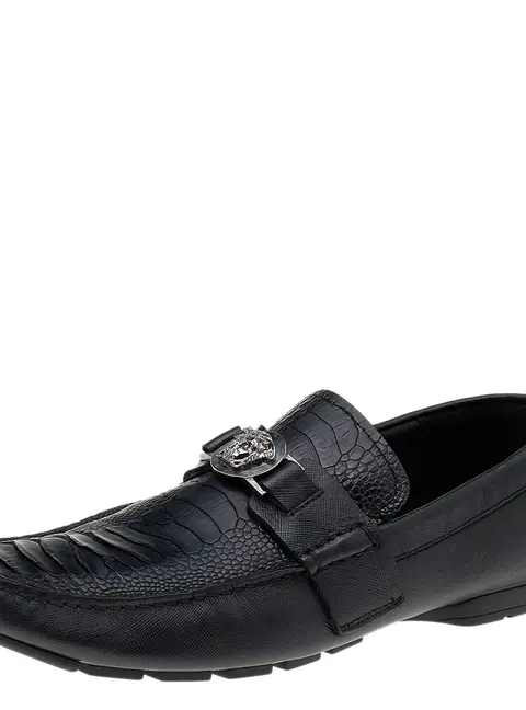 Versace Black Ostrich Leather Medusa Slip On Loafers Size 41