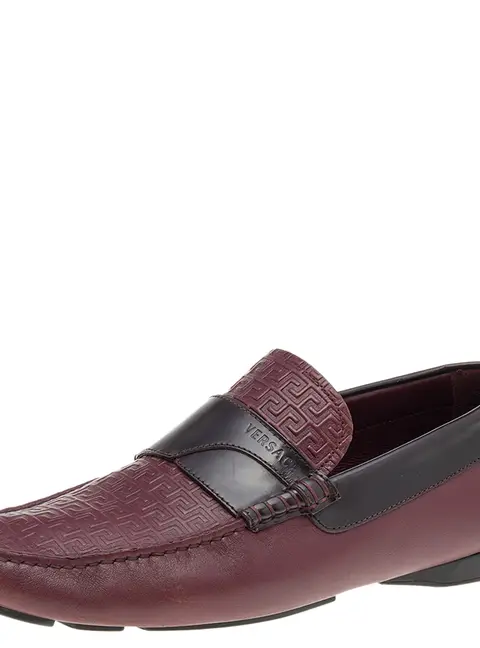 Versace Burgundy Monogram Embossed Leather Slip On Loafers Size 43