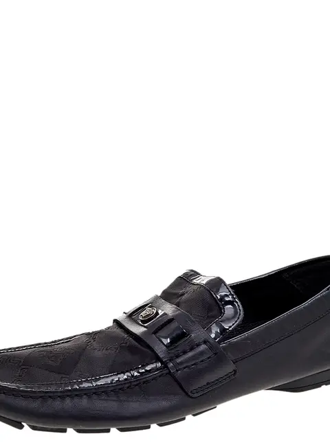 Versace Black Patent Leather And Signature Canvas Medusa Detail Slip On Loafers Size 44