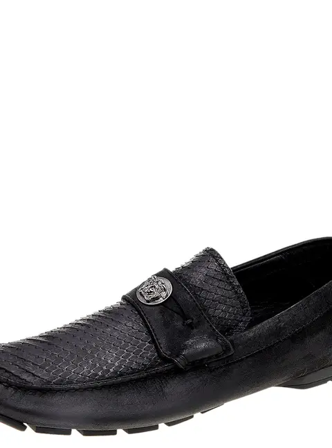 Versace Black Nubuck Leather and Python Medusa Loafers Size 41