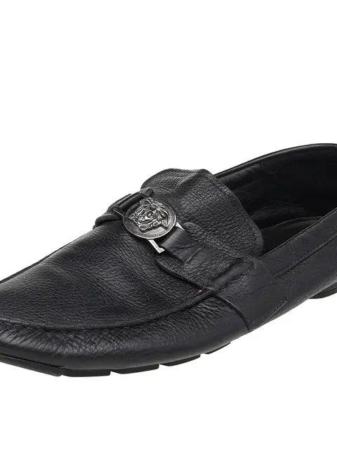 Versace Black Leather Medusa Slip On Loafers Size 44